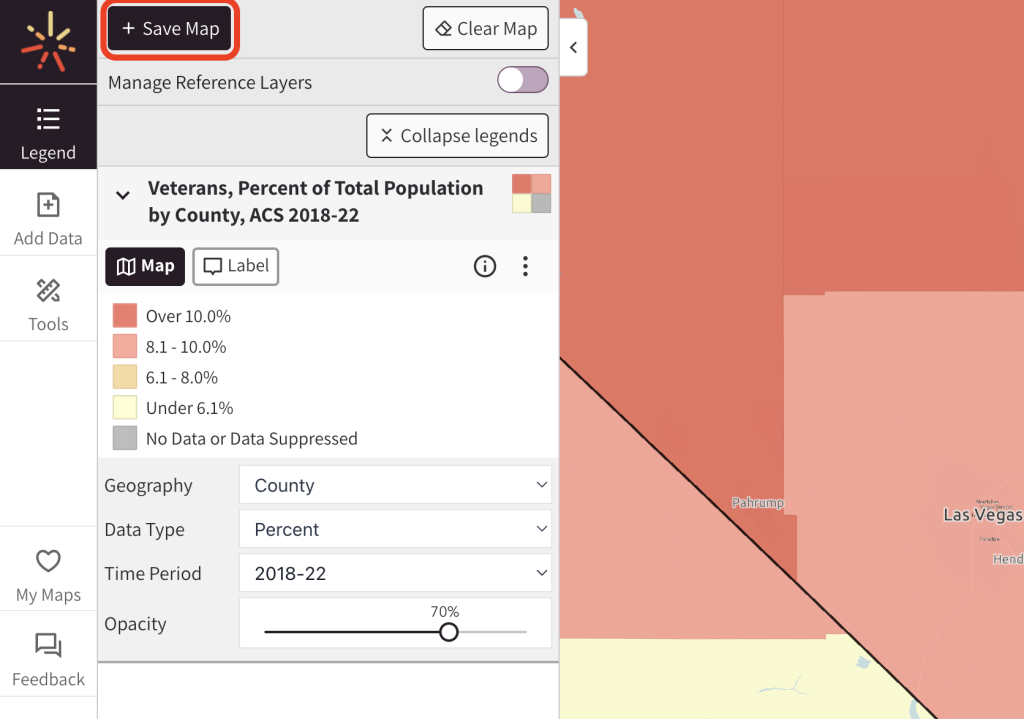 A SparkMap visitor begins to save their map by clicking the "Save Map" button in the top left corner of the legend. 